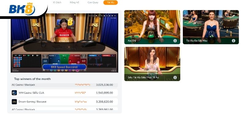 Tài xỉu là game hấp dẫn tại BK8 